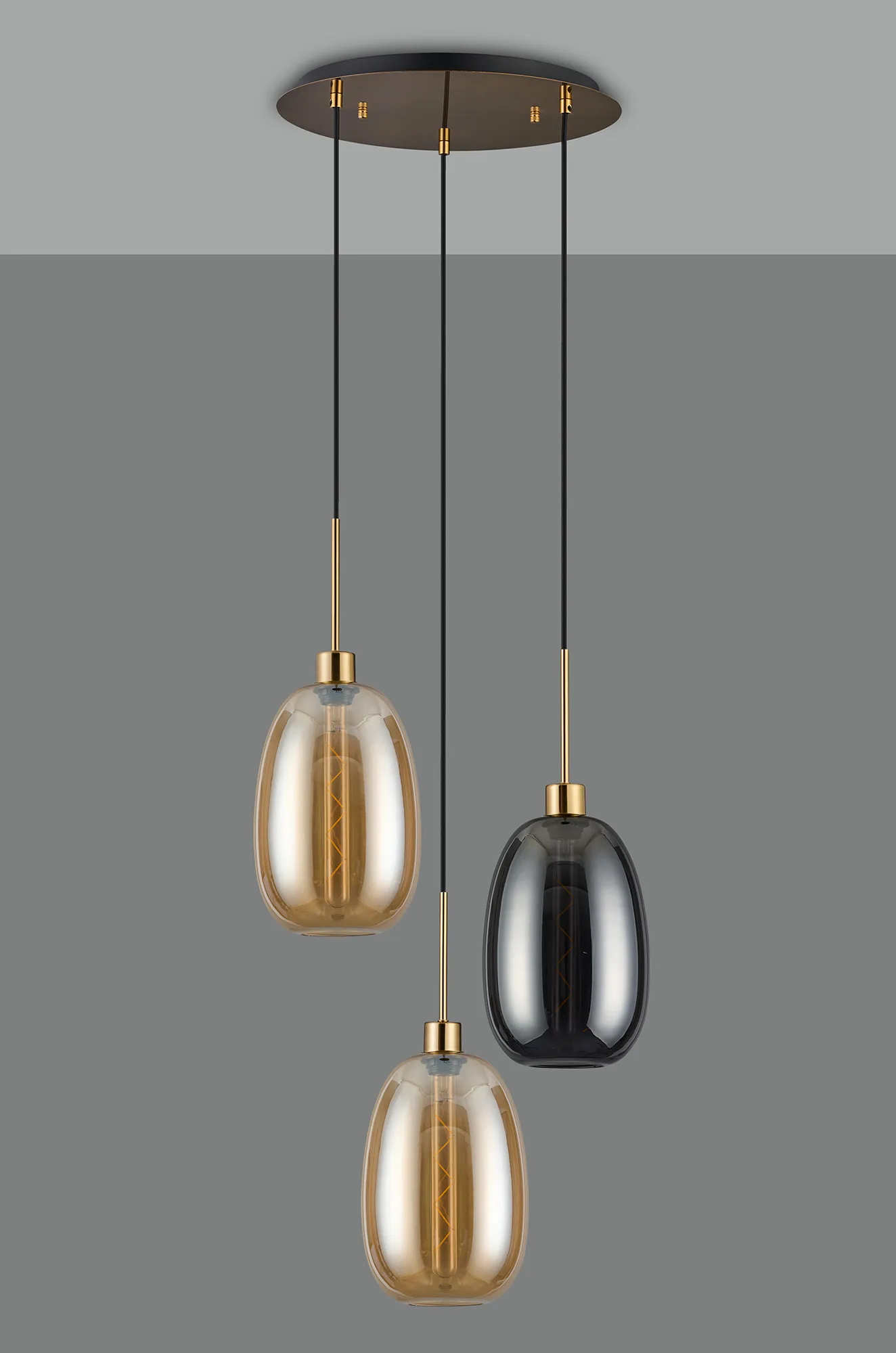 Lori 40cm Round Pendant, 3 Light Adjustable E27, Antique Gold/Amber/Smoke Slim Curved Trapezium Shades DK1176  Deco Lori Antique Gold